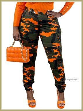Women's Stretchable Camo Cargo Pants with Pockets, High Waisted